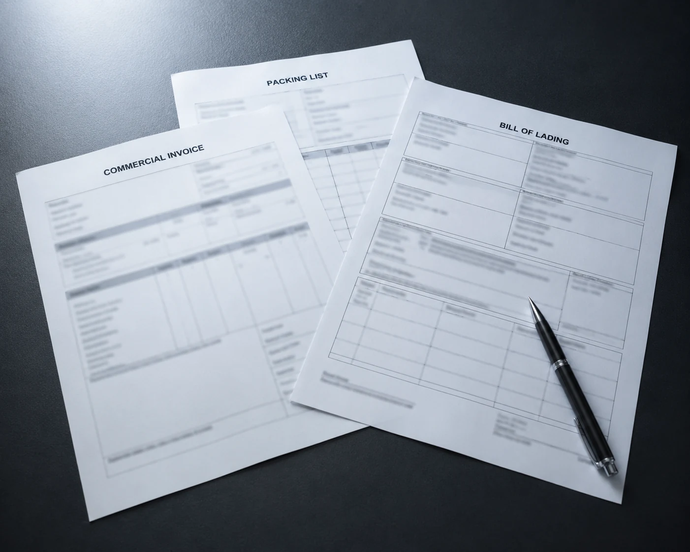 Commercial invoices and a packing list laid out for entry preparation