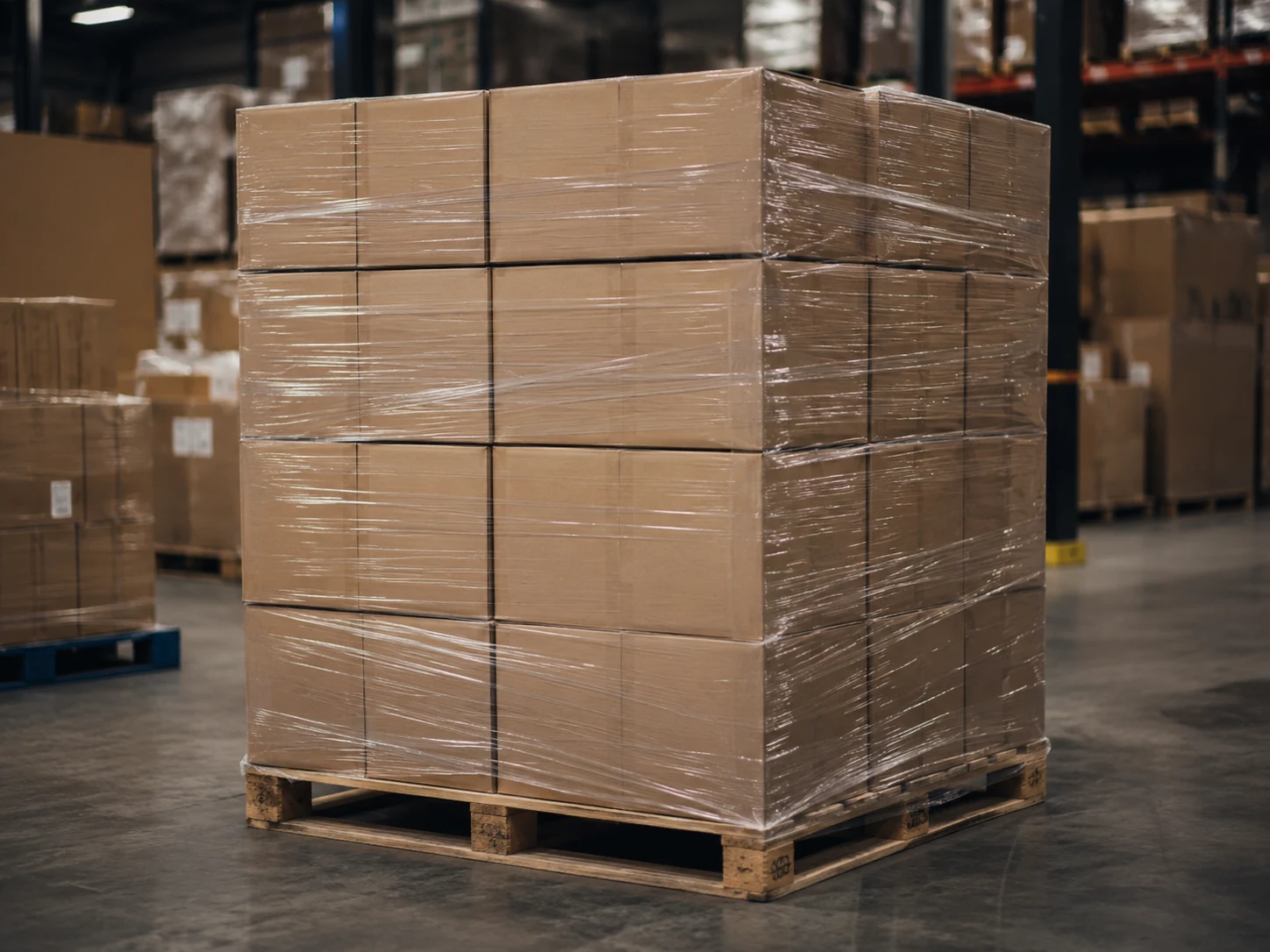 Homepage Assorted unbranded retail cartons shrink-wrapped on a warehouse pallet
