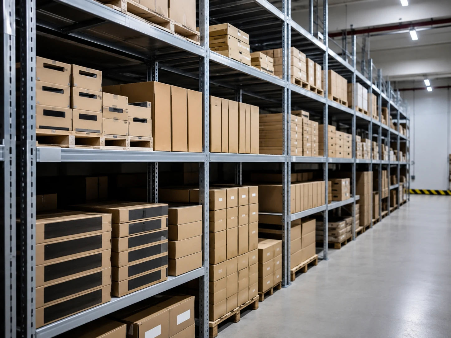 Homepage Plain boxed electronic goods on metal shelving in a bonded warehouse