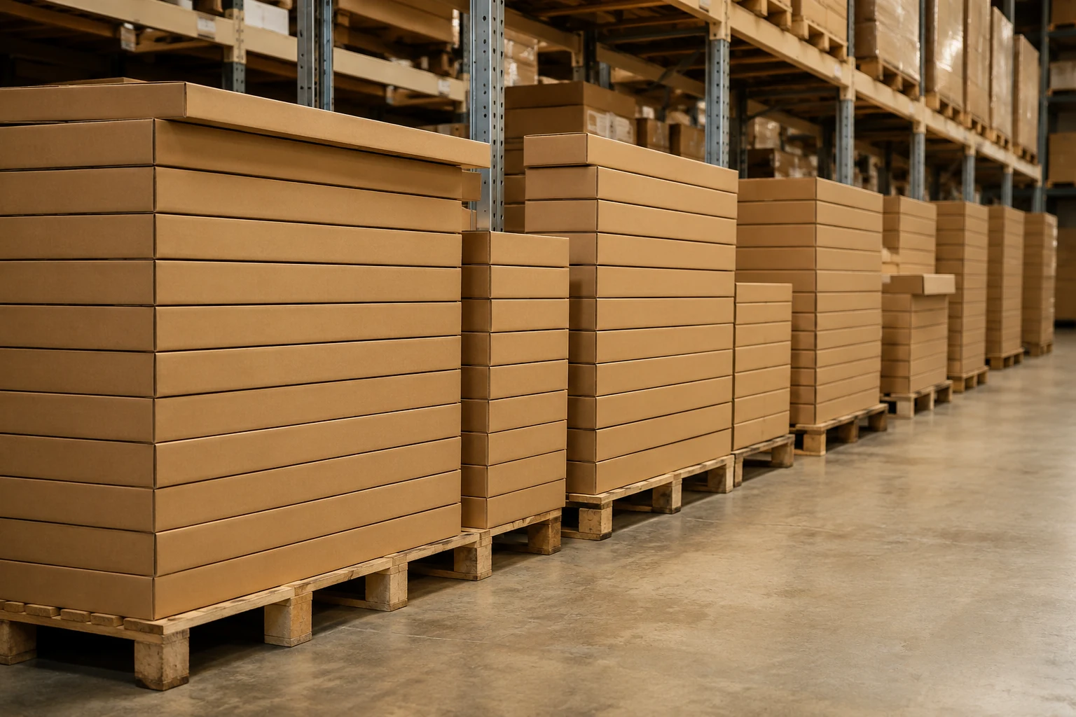 Homepage Flat-packed furniture cartons stacked on pallets in a storage facility