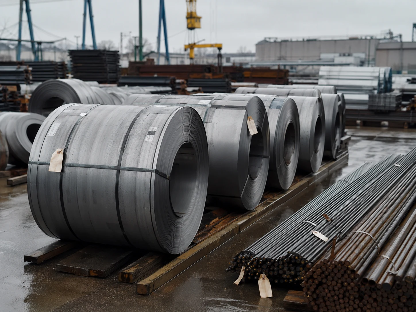 Homepage Steel coils and raw industrial stock on a loading dock