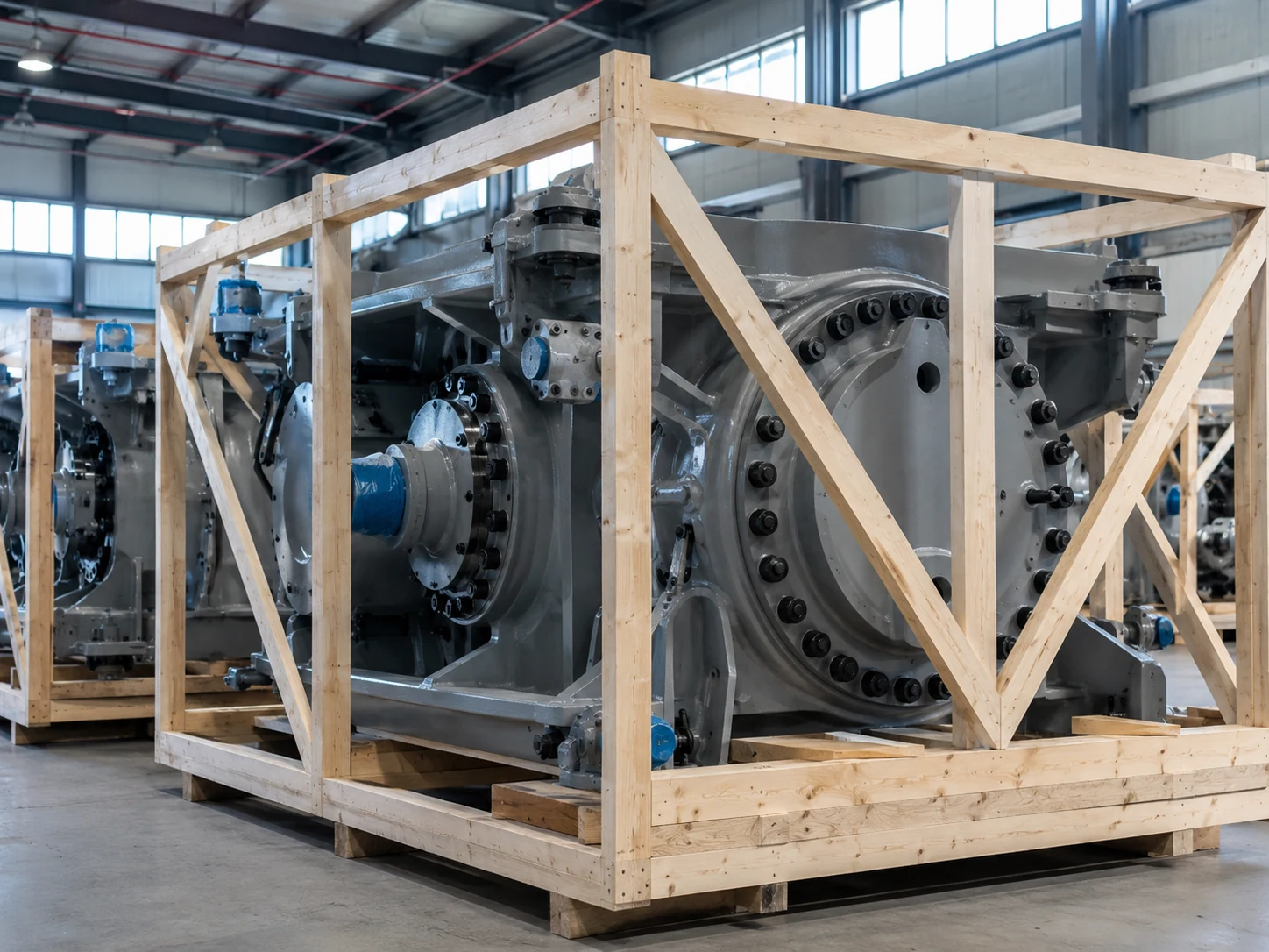 Homepage Industrial machinery components crated for shipment on a factory floor