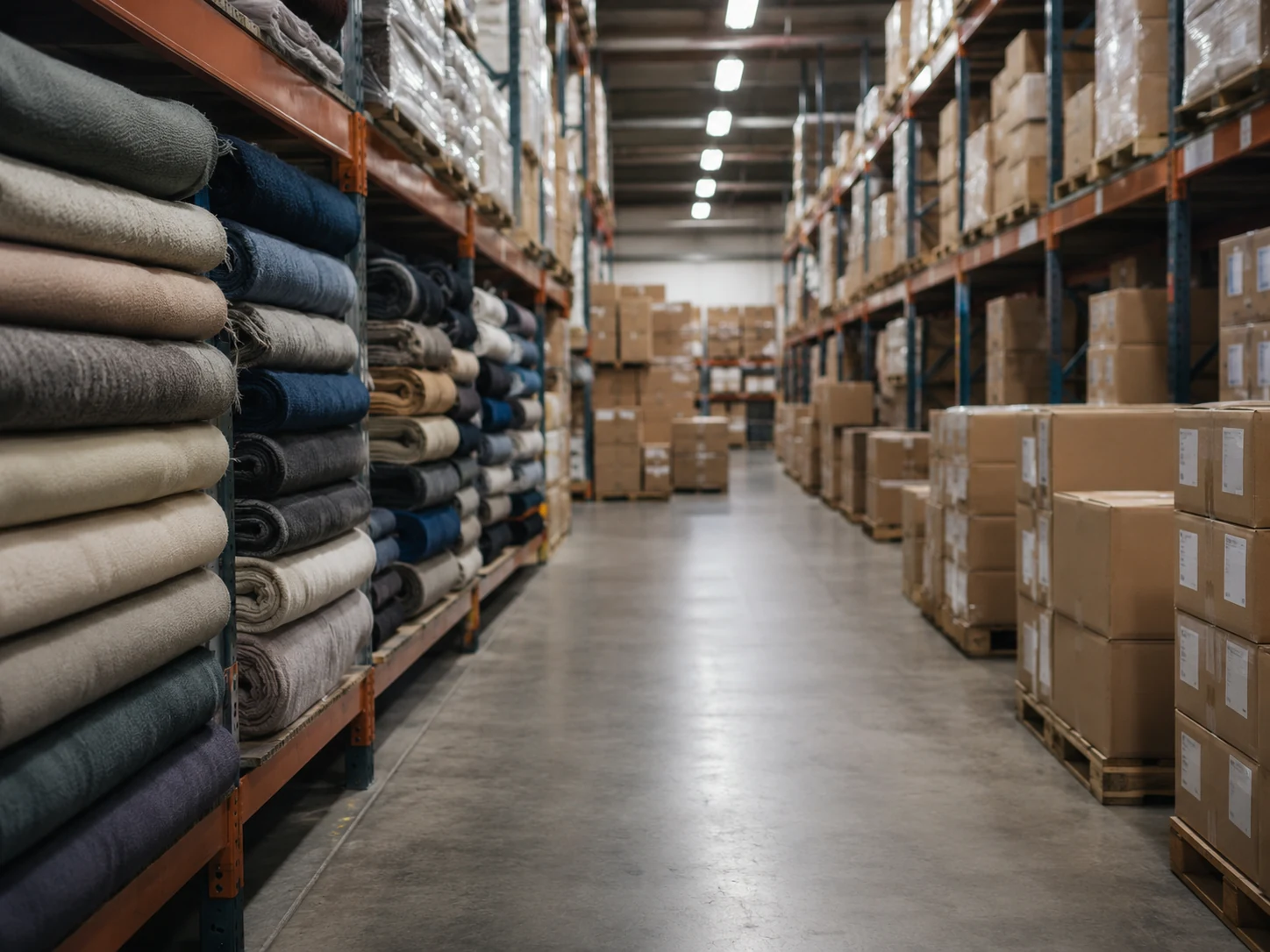 Homepage Rolls of fabric and cartoned garments stacked in a distribution warehouse