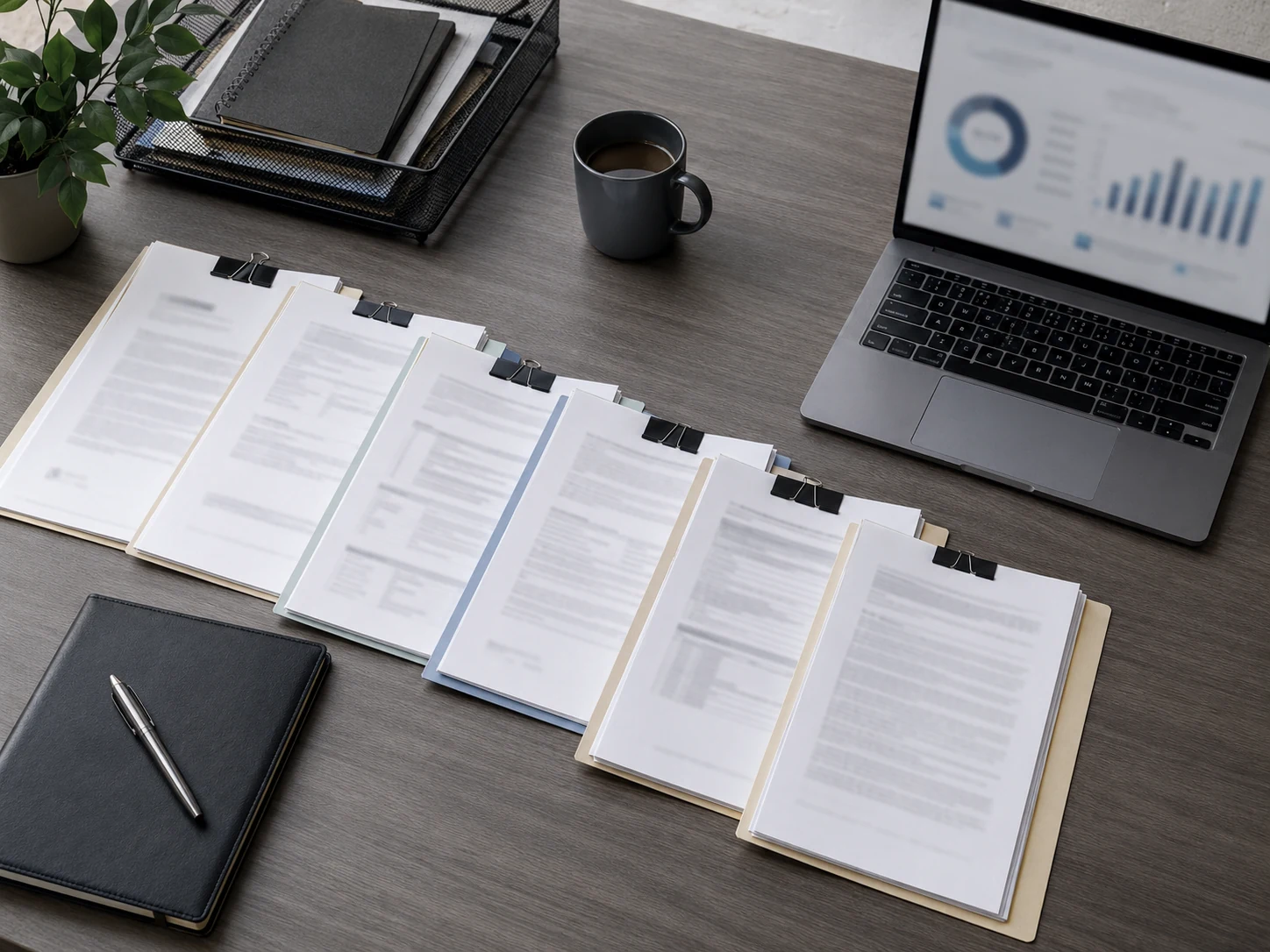 Several document sets fanned out in sequence beside a laptop showing an abstract chart