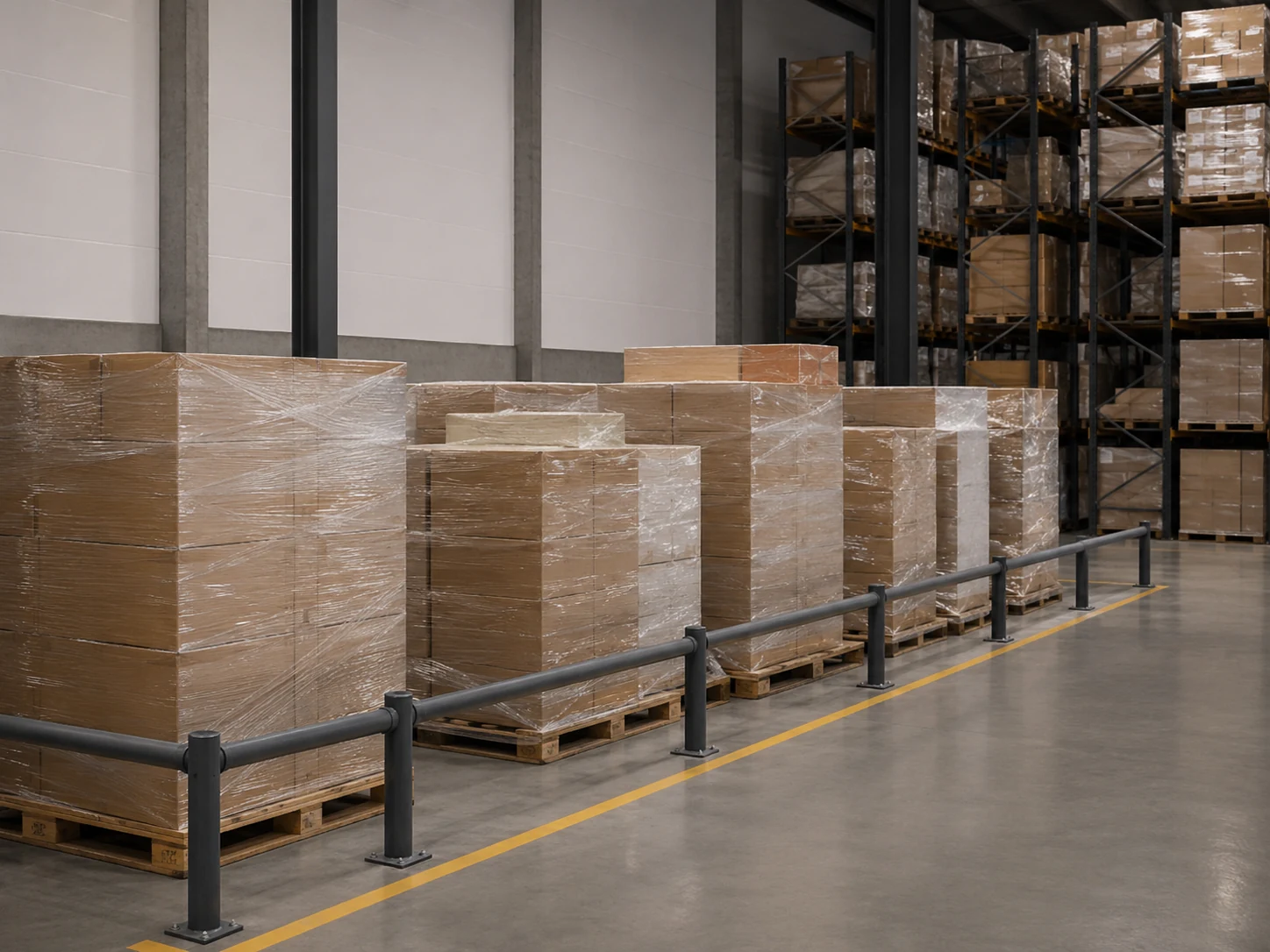 Shrink-wrapped pallets held in a segregated warehouse area behind a low barrier