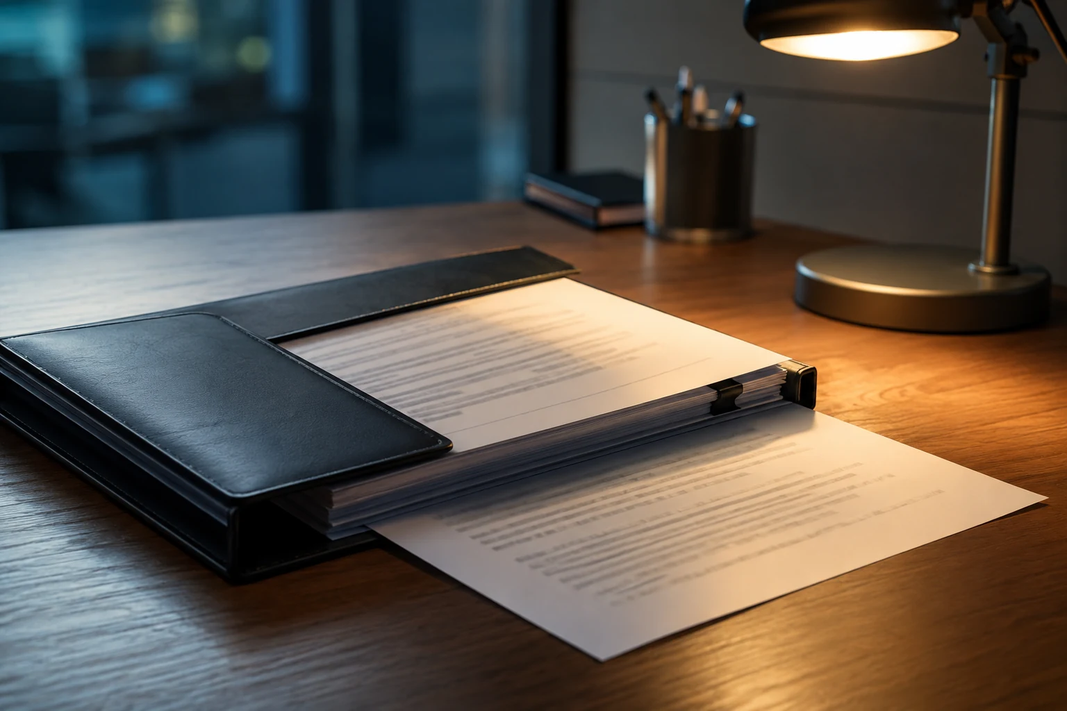 Assembled documents in a wallet on a desk, one page partly withdrawn for checking