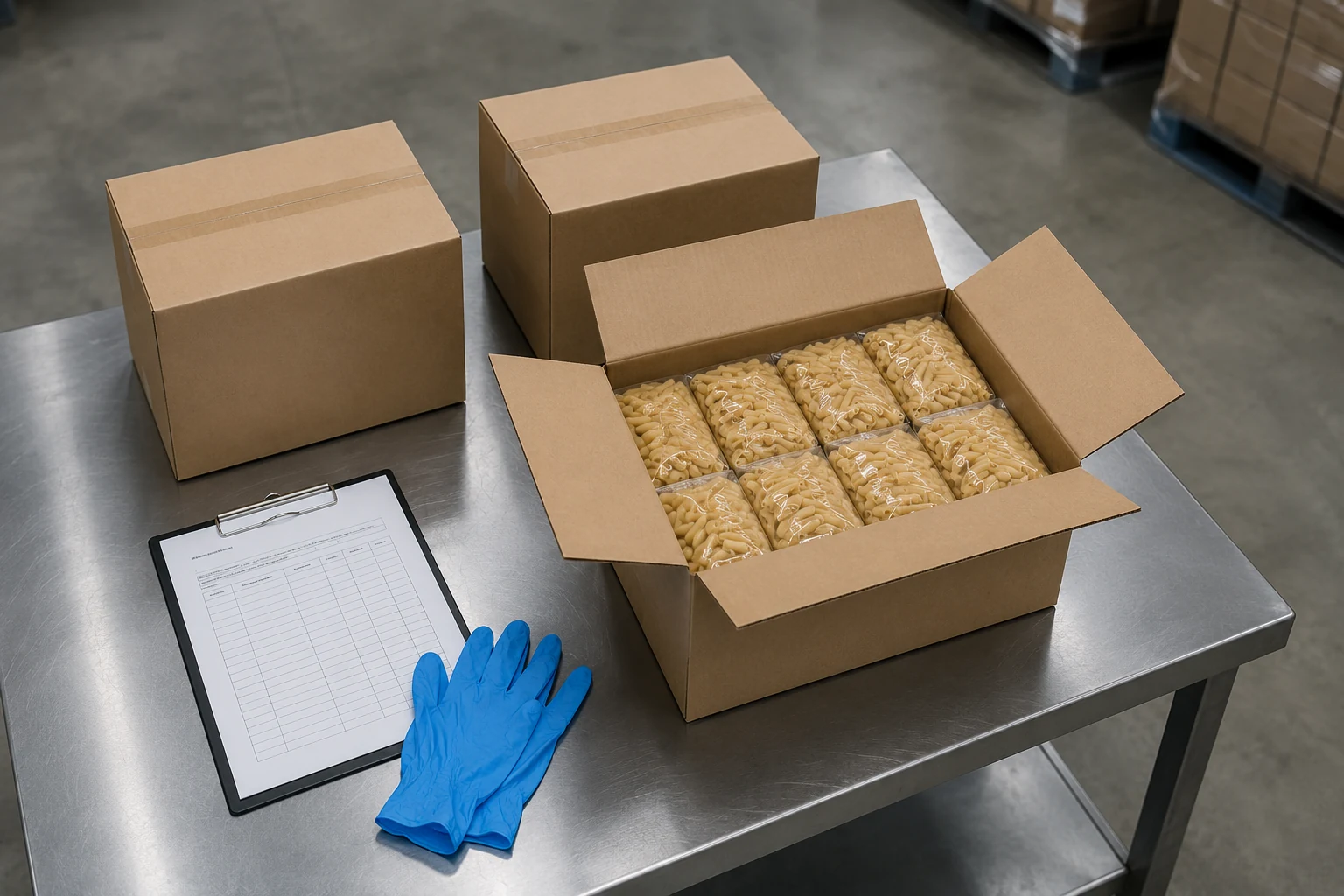 Cartons of imported food product opened for inspection on a warehouse examination table