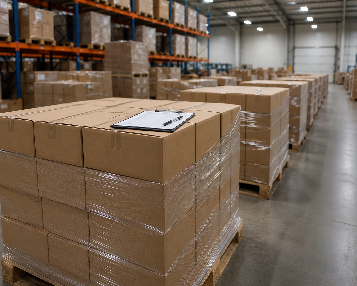 Palletised cartons of packaged food in a distribution warehouse with a clipboard on top