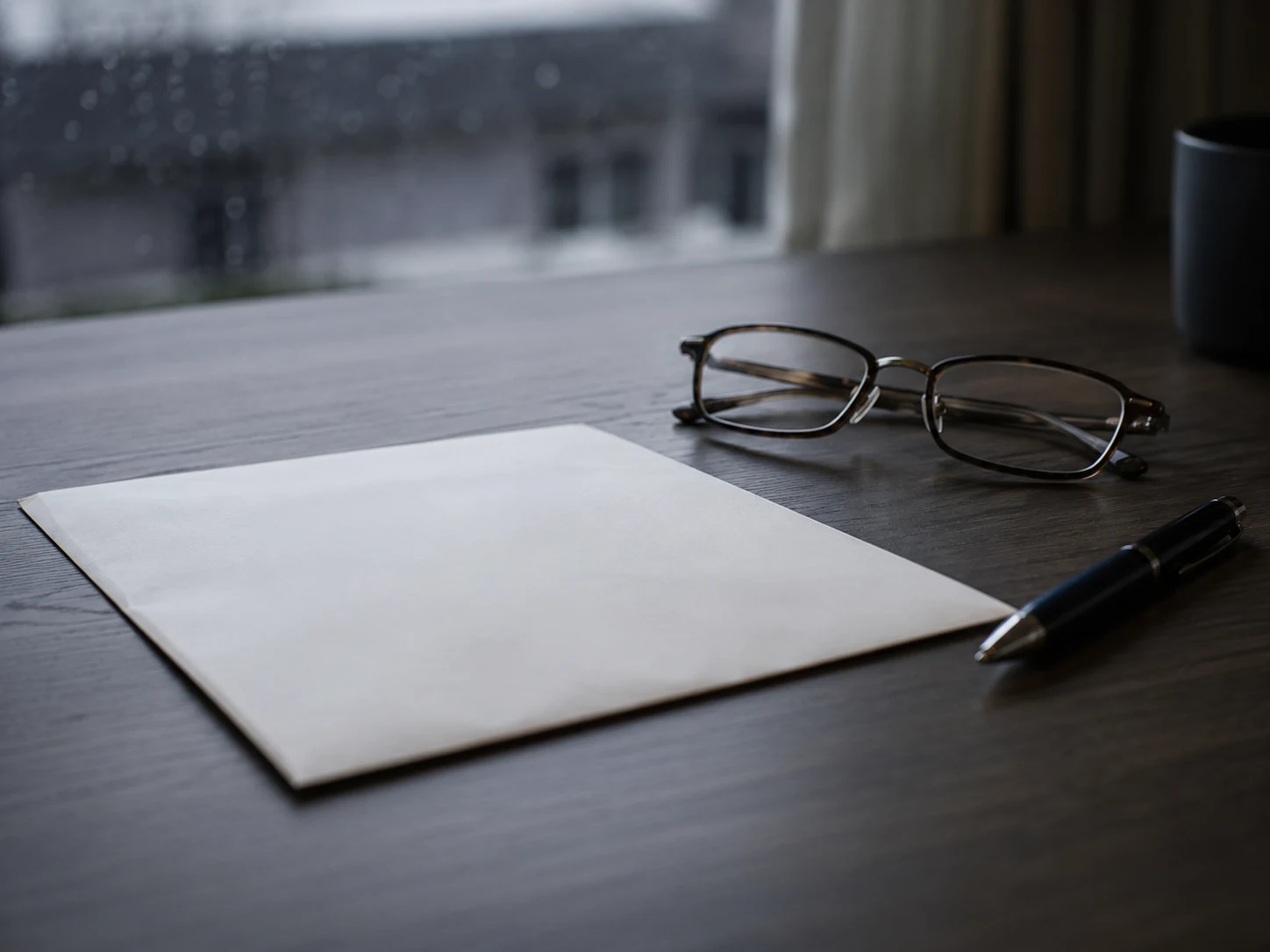 An official letter face down on a desk beside reading glasses and a pen