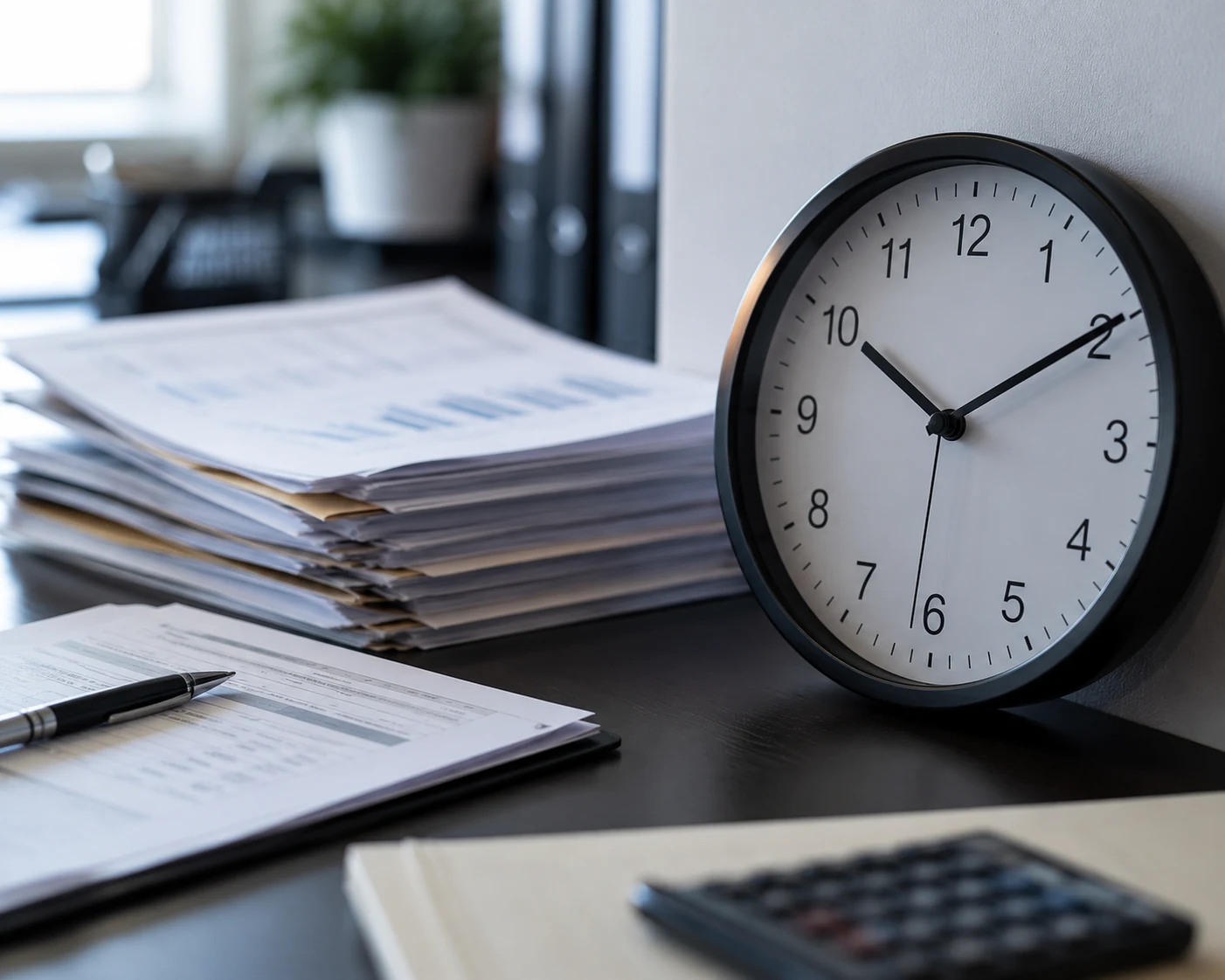 Clock and shipping documents on a desk representing a filing deadline before departure