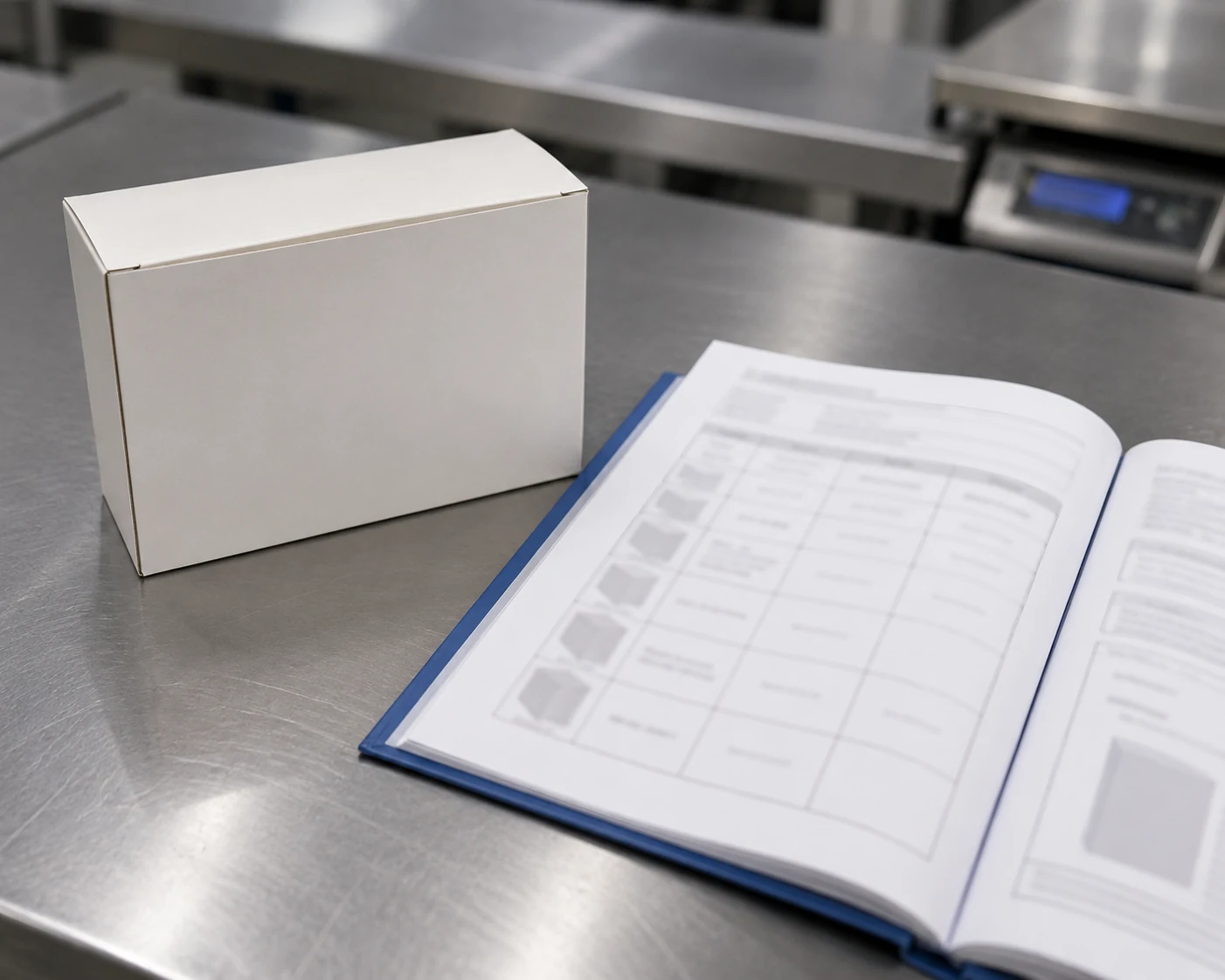 Unbranded product carton beside an open reference document during a classification check
