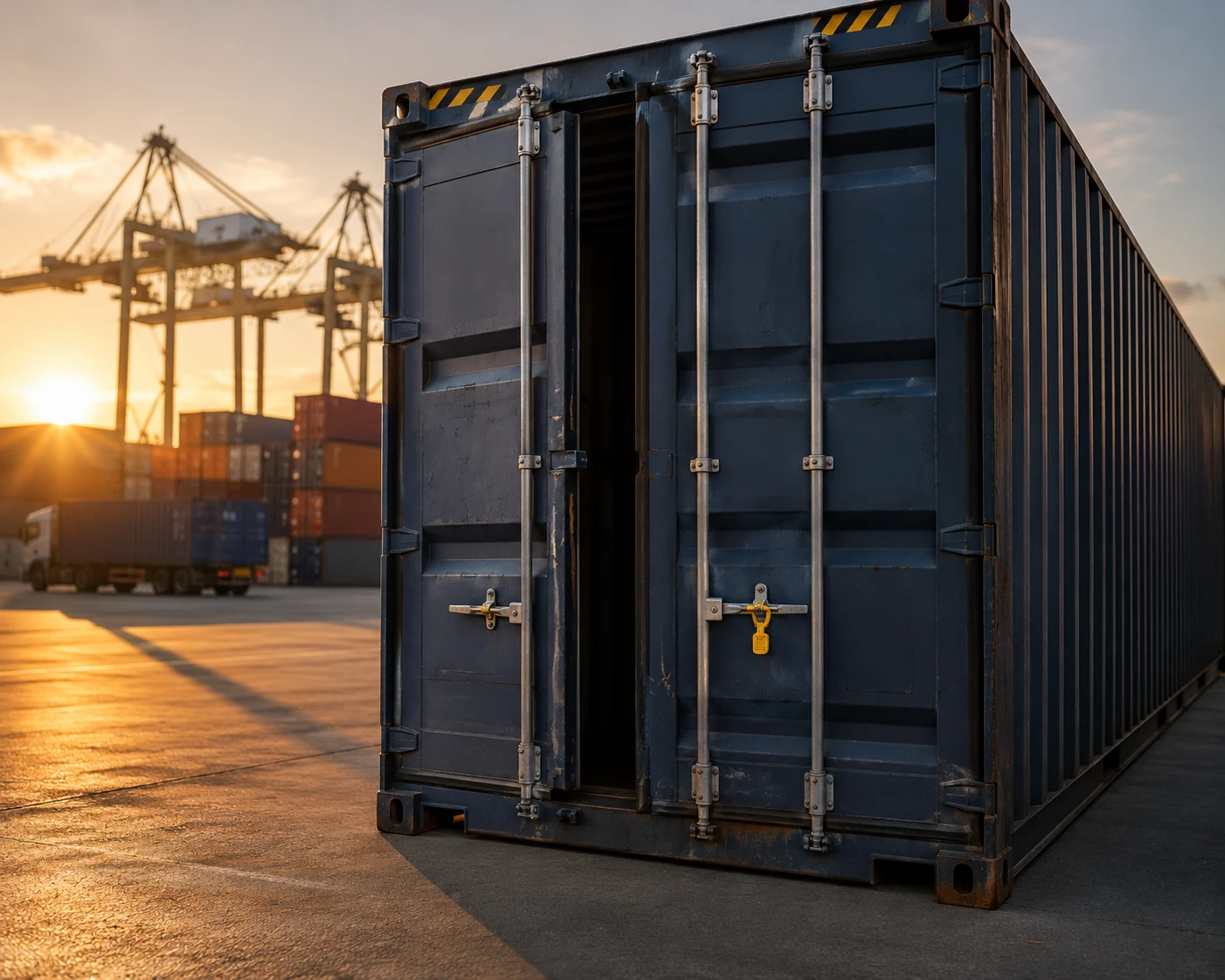 Shipping container being closed and sealed at a terminal in late afternoon light