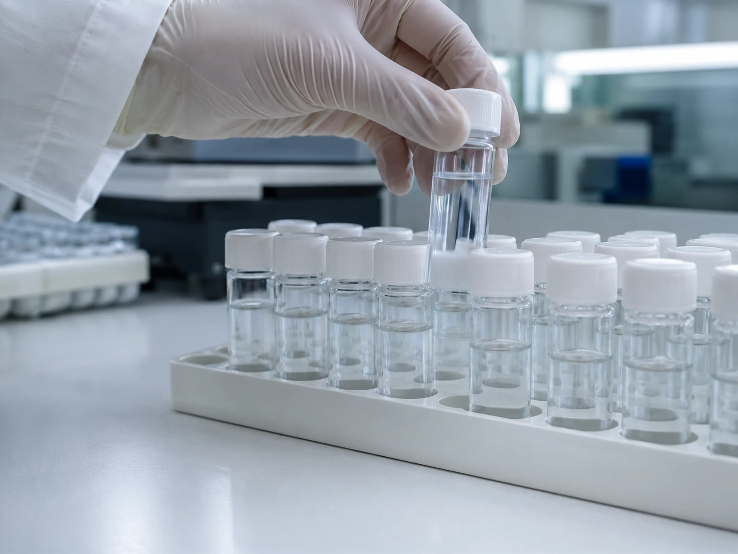 Sealed sample containers in a rack on a laboratory bench with a gloved hand placing one