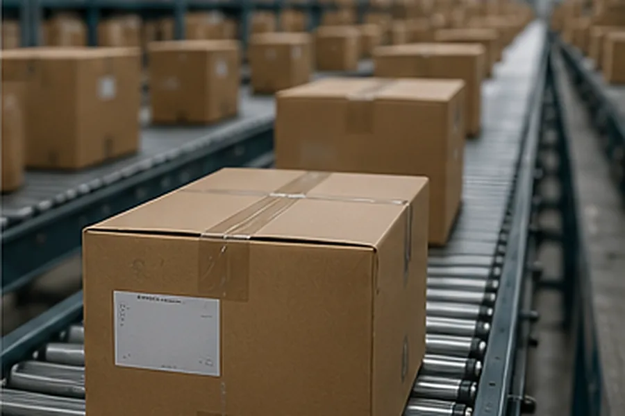 Cartons labelled for fulfilment centre delivery on a warehouse conveyor