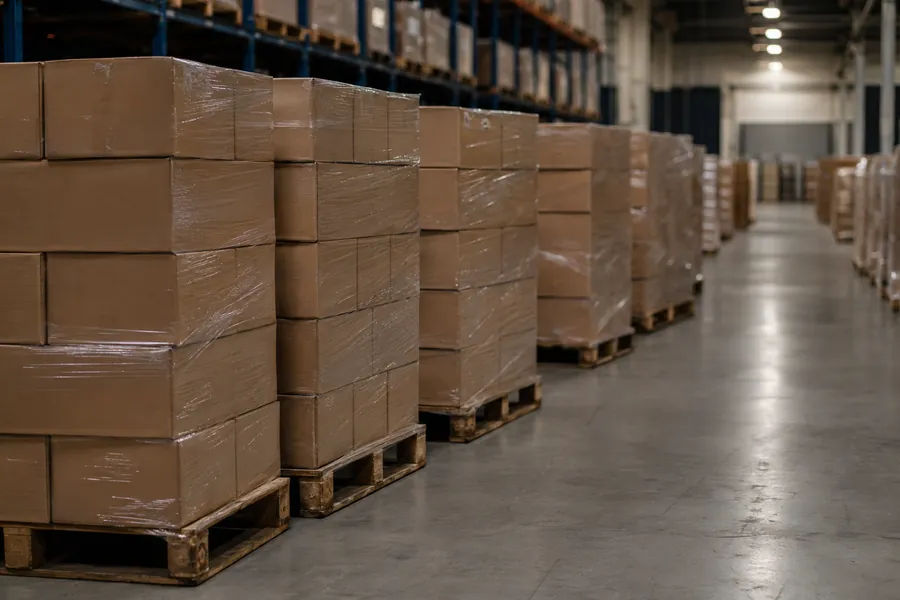 Palletised retail cartons in a distribution warehouse awaiting customs release