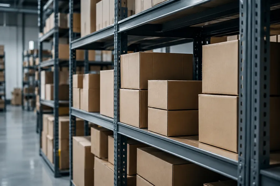Boxed electronic goods on metal racking in a bonded warehouse