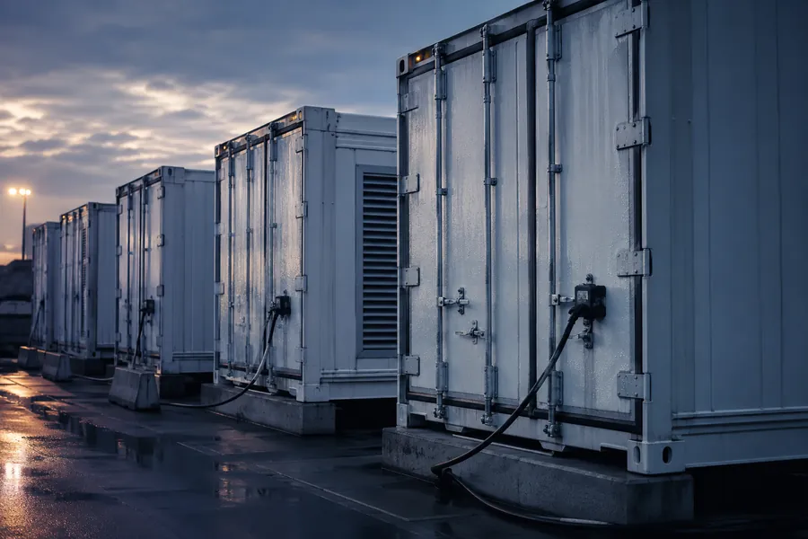Refrigerated containers connected to power at a cold-storage terminal