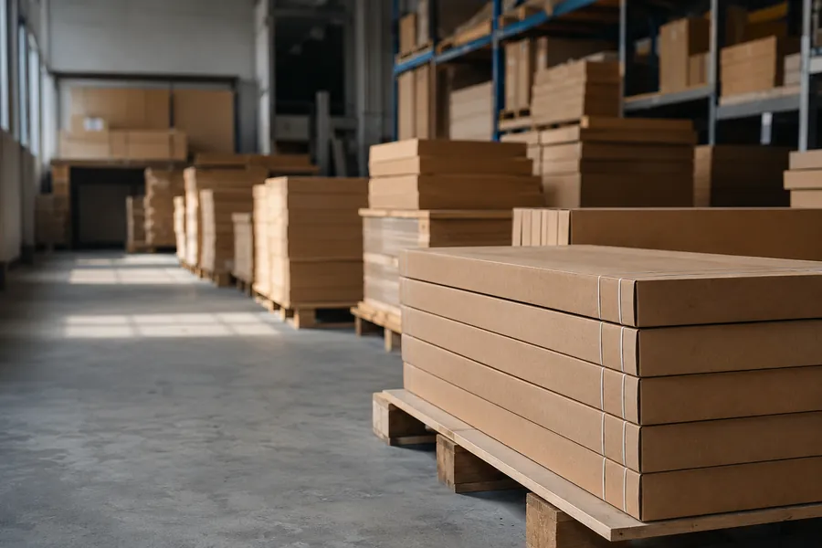 Flat-packed furniture cartons stacked on pallets in a storage facility
