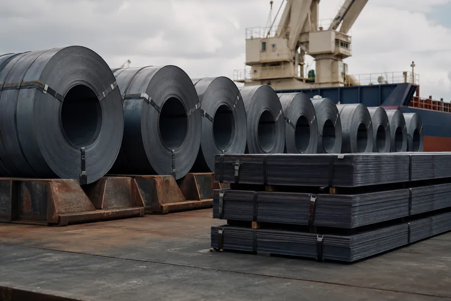 Coiled steel and raw industrial stock banded on a loading dock