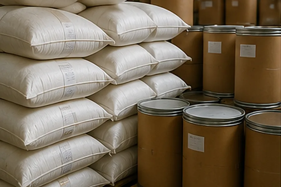 Sacks and drums of bulk food ingredients in a warehouse