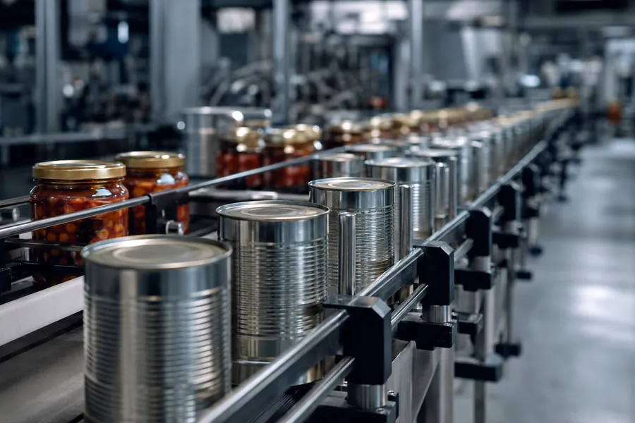 Canned and jarred shelf-stable food products on a production line