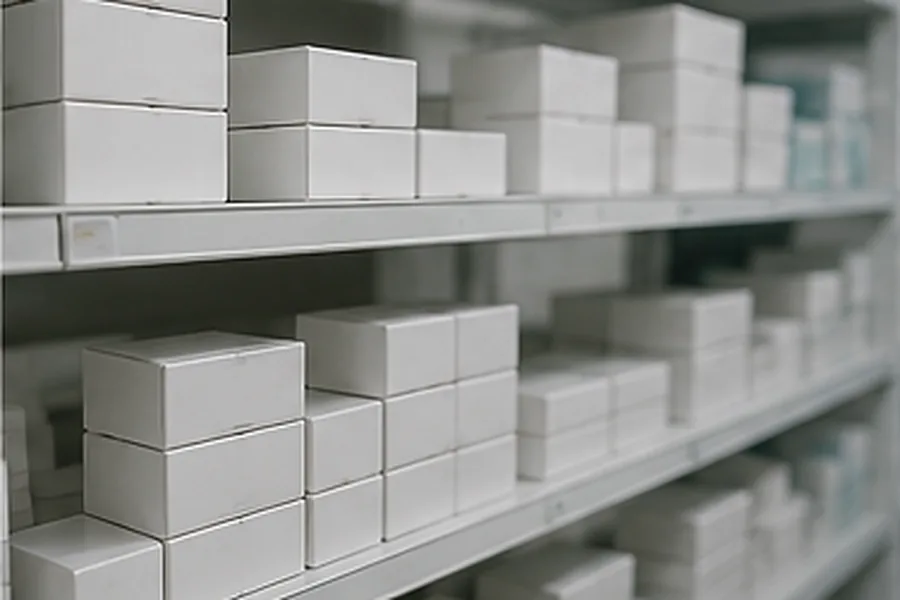 Boxed over-the-counter medicines on a pharmacy distribution shelf