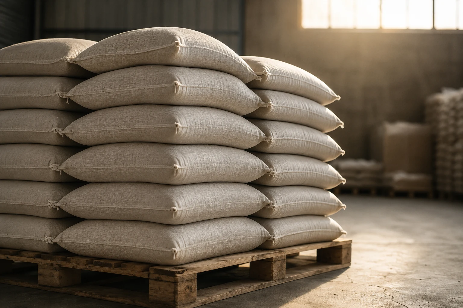 Homepage Sacks of pet food stacked on pallets in a warehouse