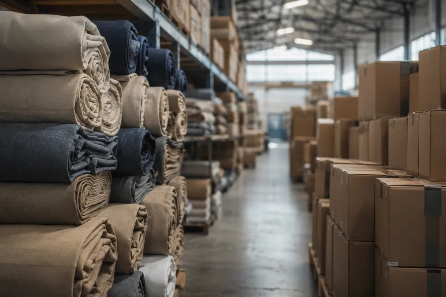 Rolls of fabric and cartoned garments stacked in a distribution warehouse