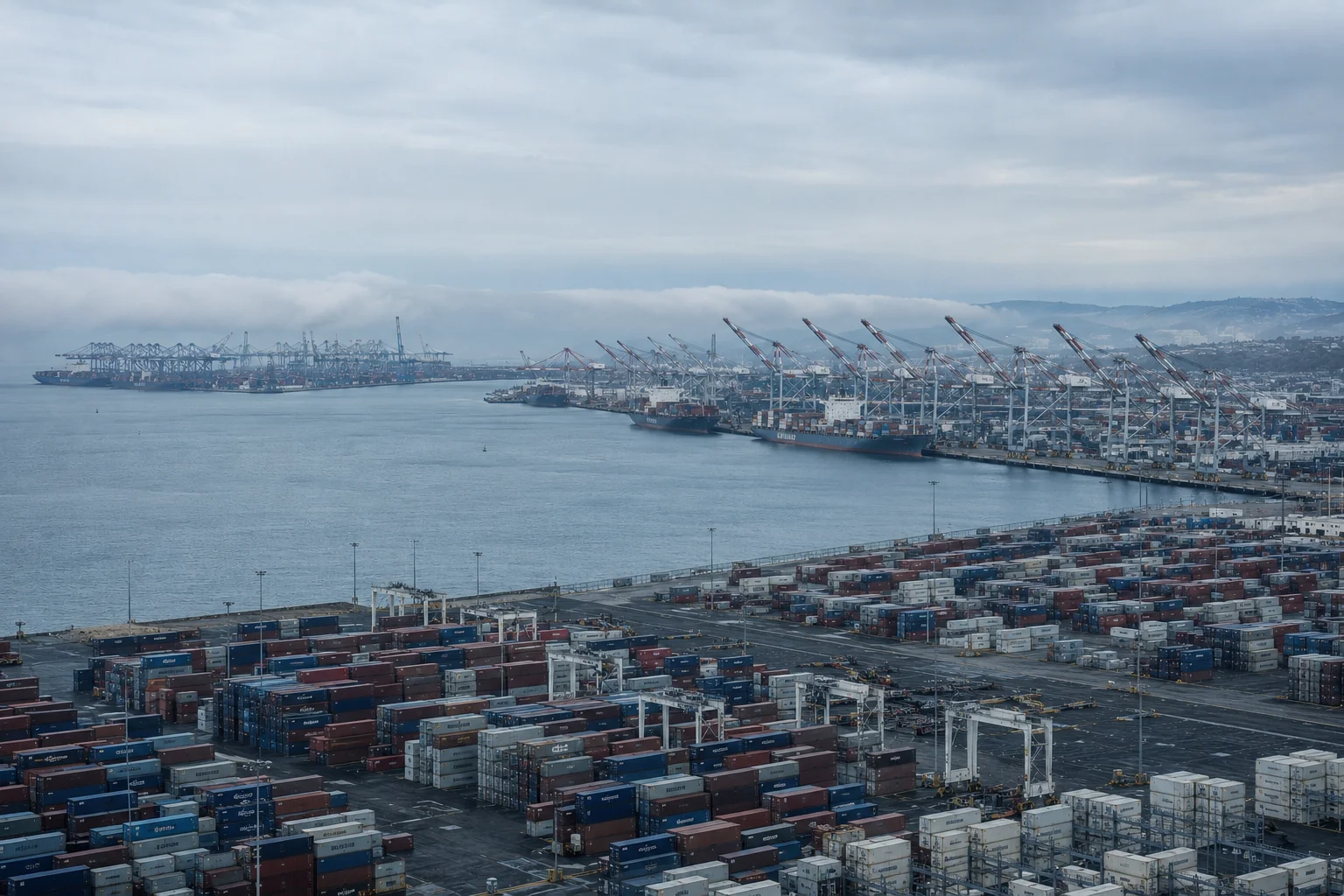 Container terminal and cranes on San Pedro Bay at Los Angeles