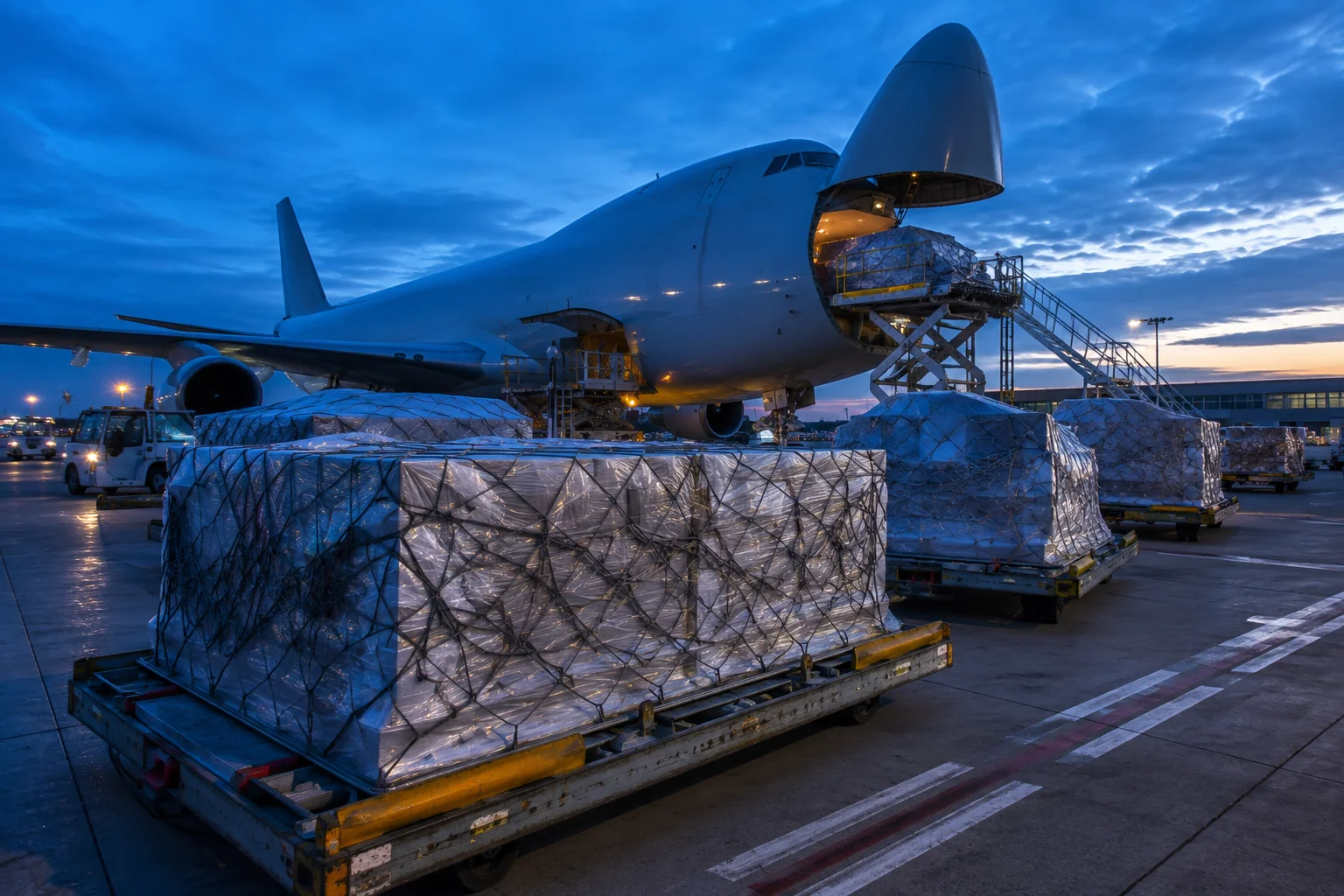Air cargo pallets and freighter aircraft on an airport cargo apron