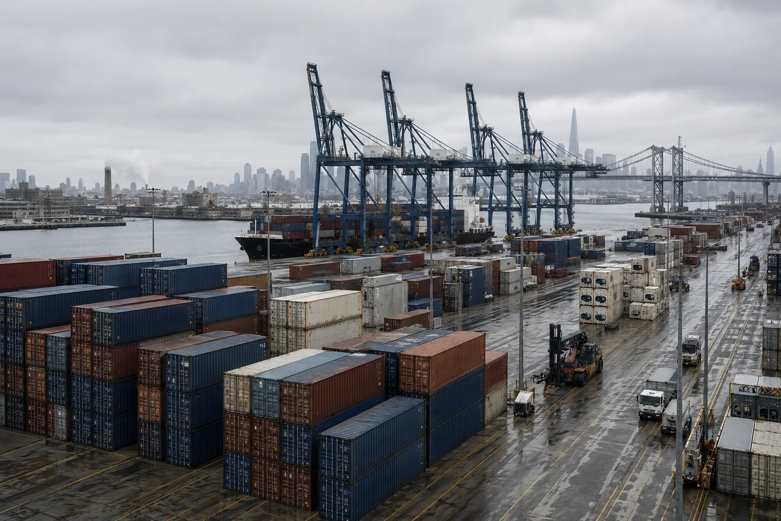 Container stacks and gantry cranes at a Port Newark marine terminal