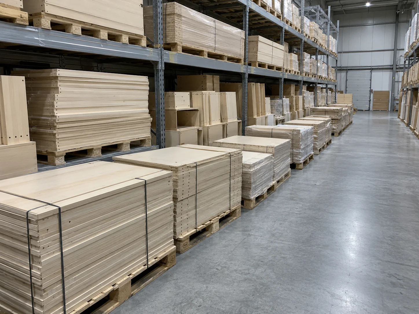 Stacked flat-packed wooden cabinet components in a warehouse