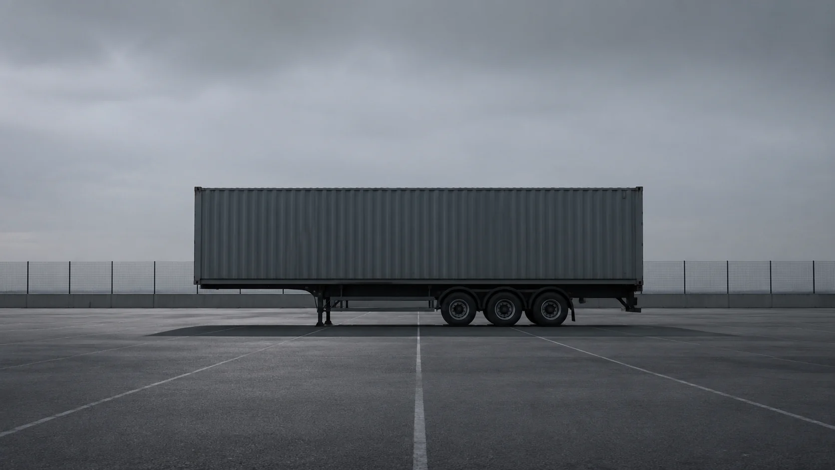 A single loaded container on a chassis parked alone in an empty yard