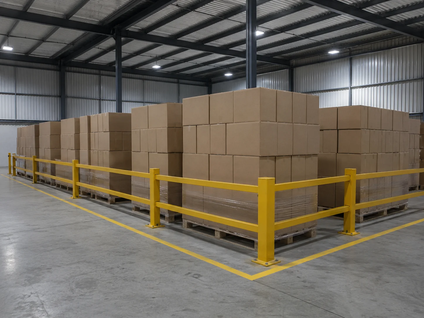 Segregated pallets behind a barrier in a warehouse holding area