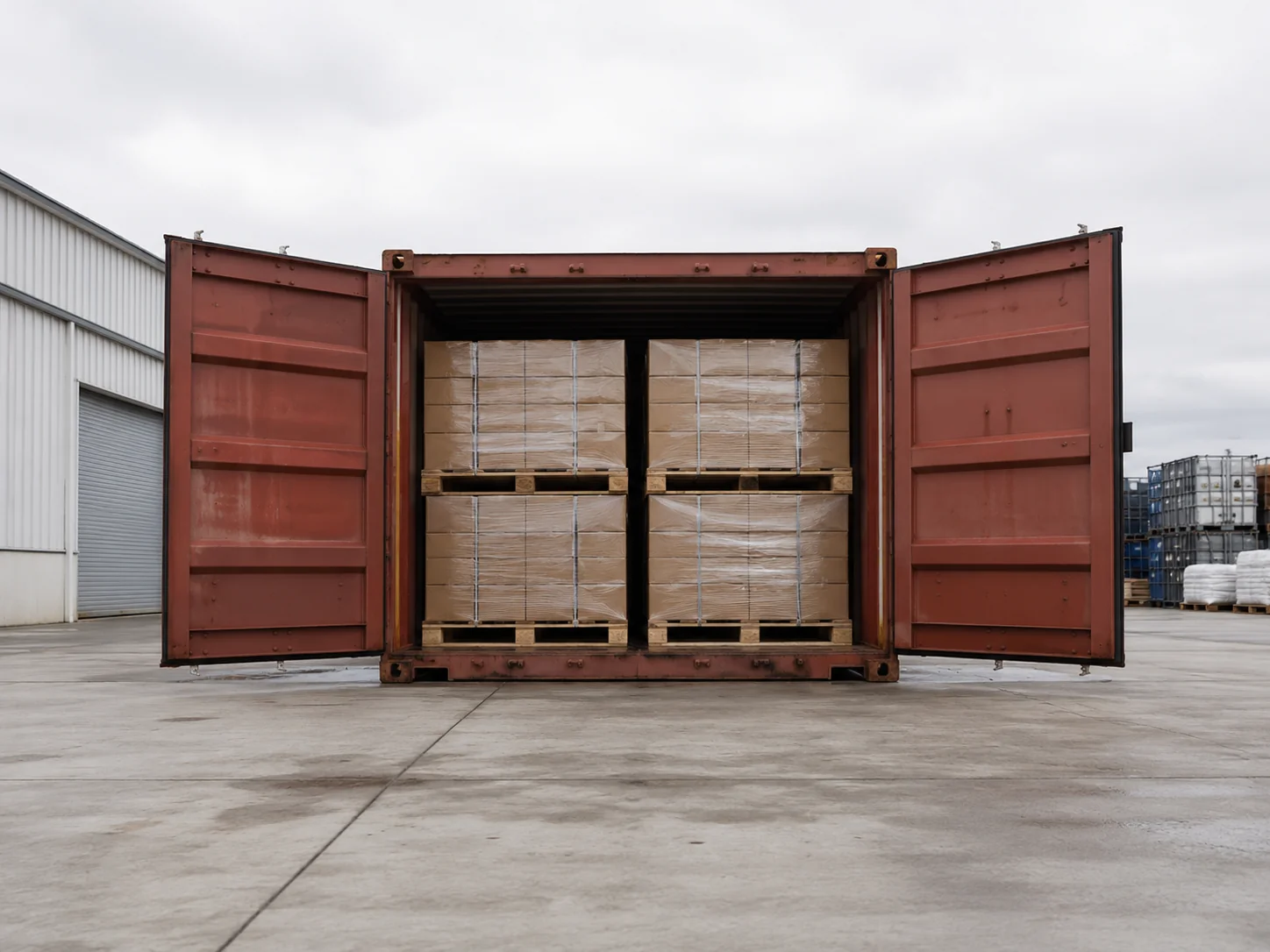 Container doors opened at an inspection facility with pallets visible