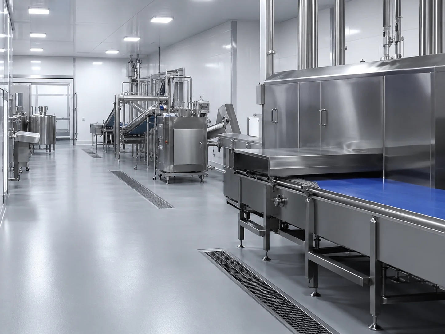 A stainless steel food processing line in a clean production facility