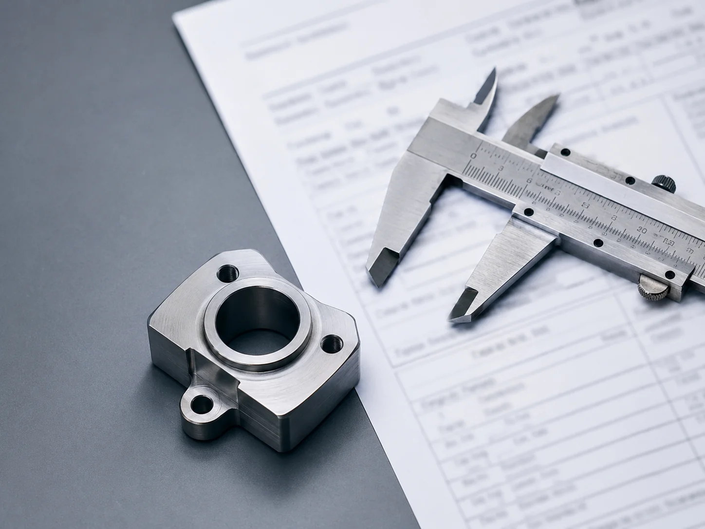 A product sample and commercial invoice beside calipers on a desk