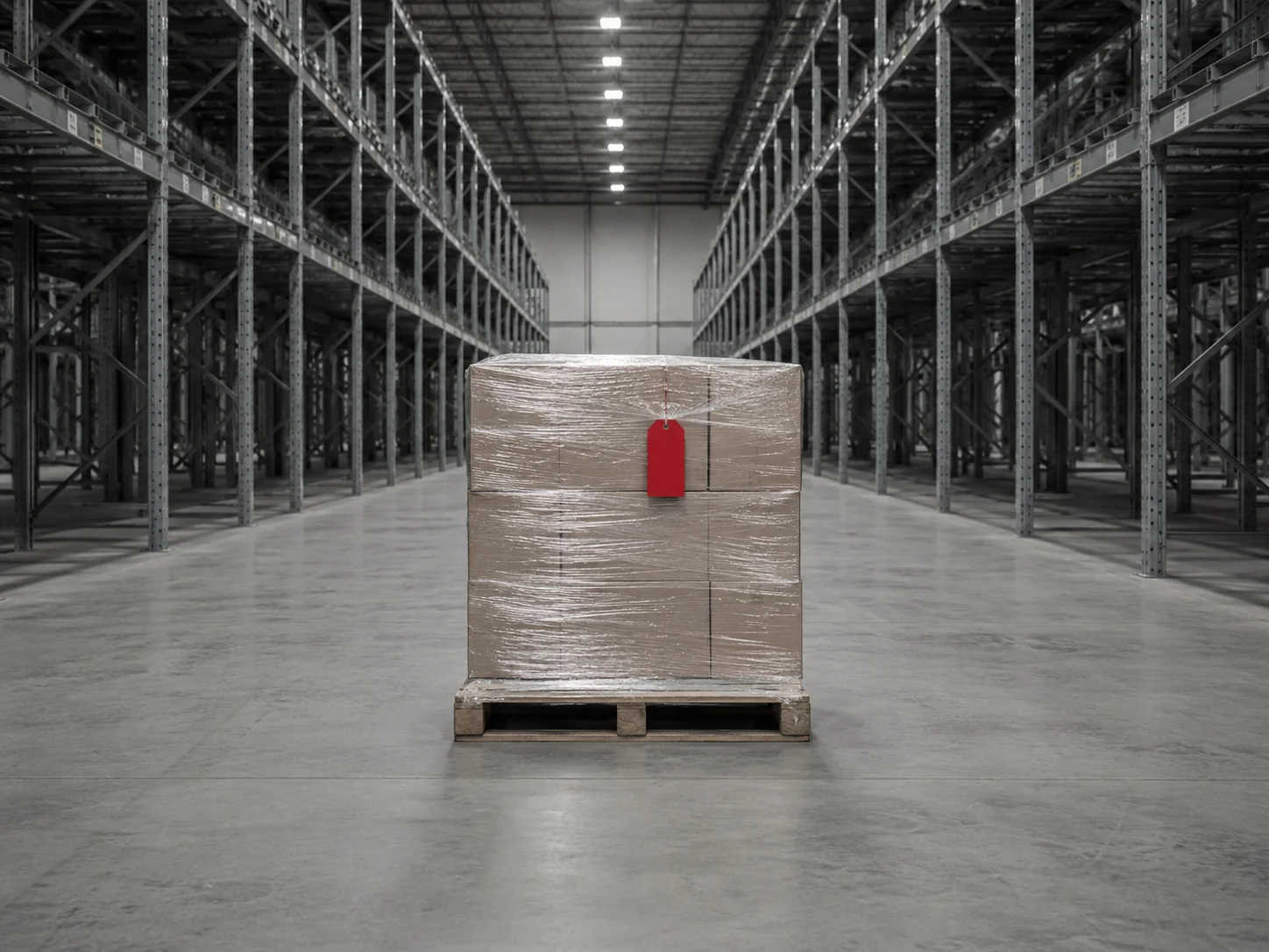A single tagged pallet set apart from stock in a warehouse aisle