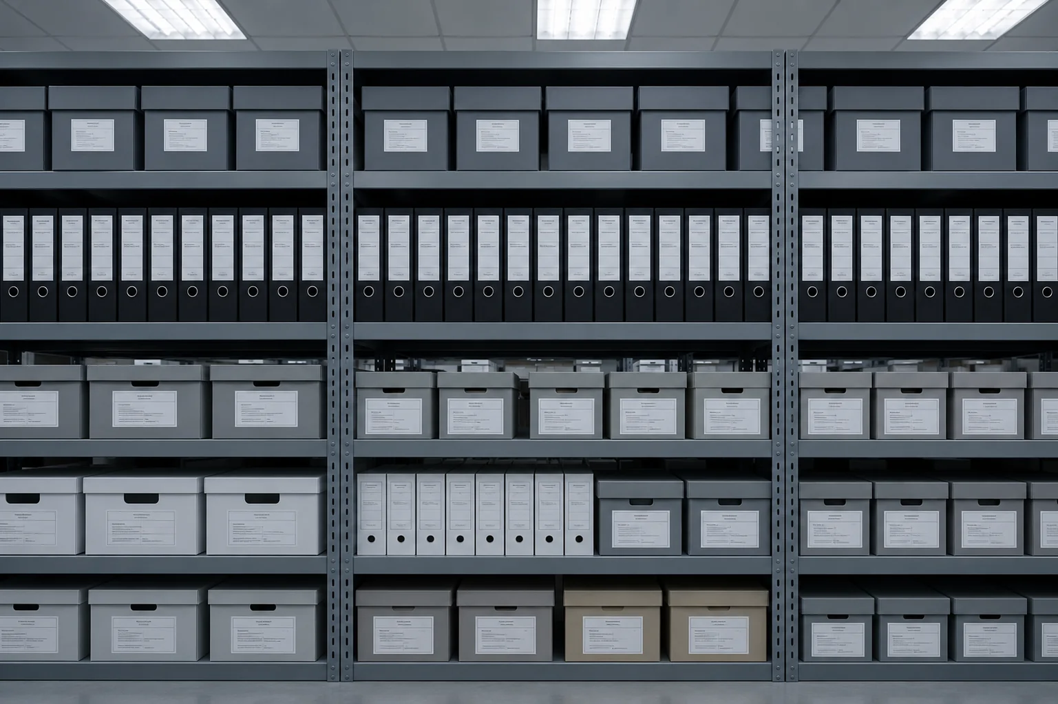 Archive boxes and compliance binders on steel shelving