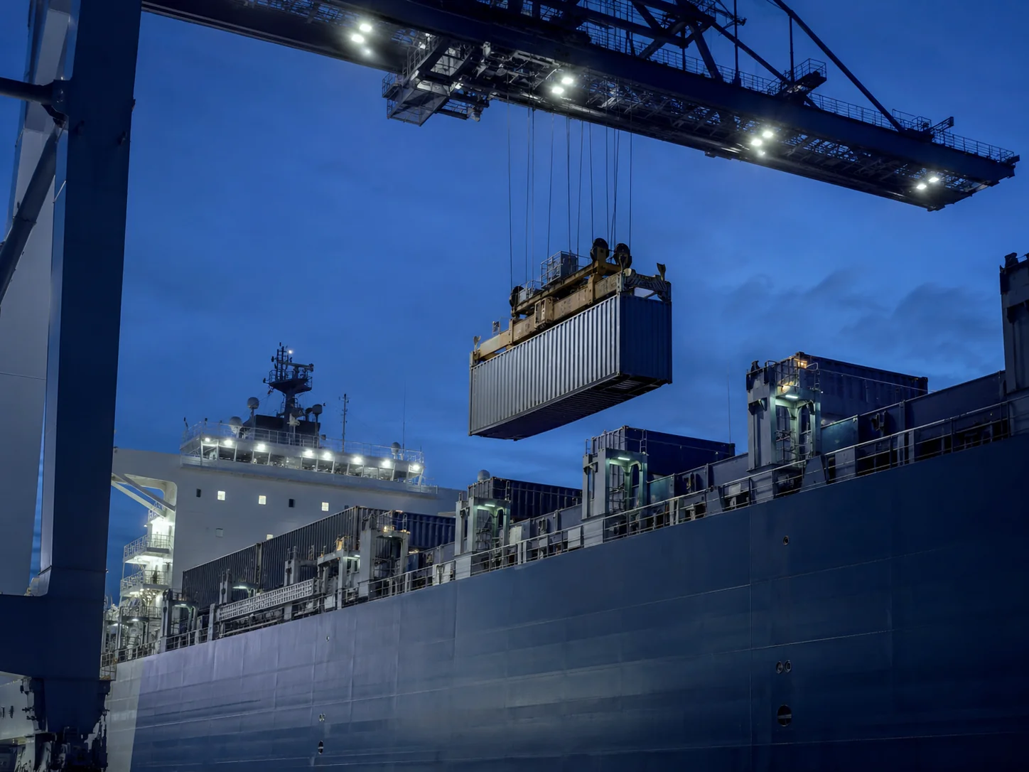 A container being lifted aboard a vessel at an origin port at dusk