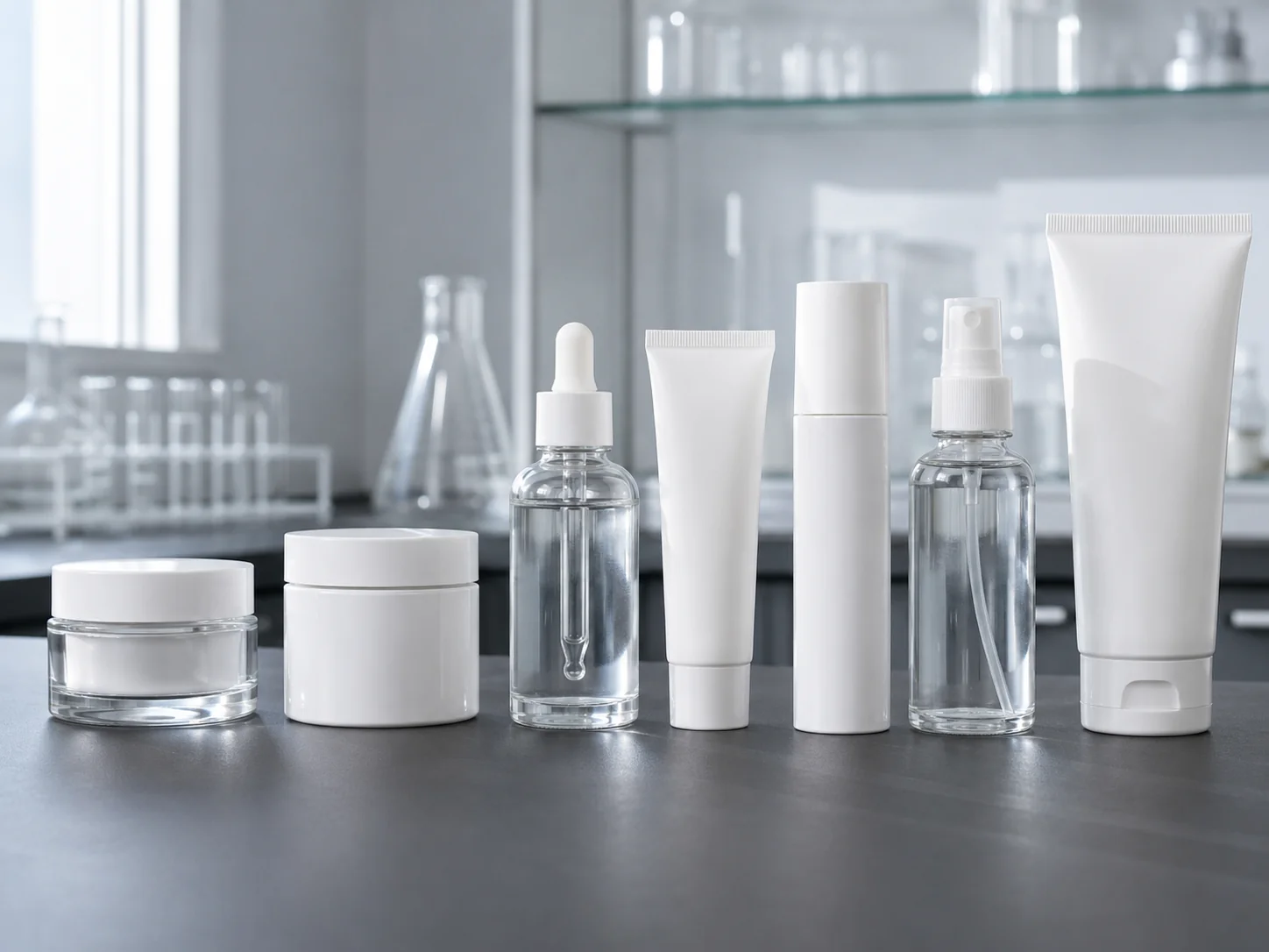 Unlabelled cosmetic jars and bottles arranged on a laboratory bench