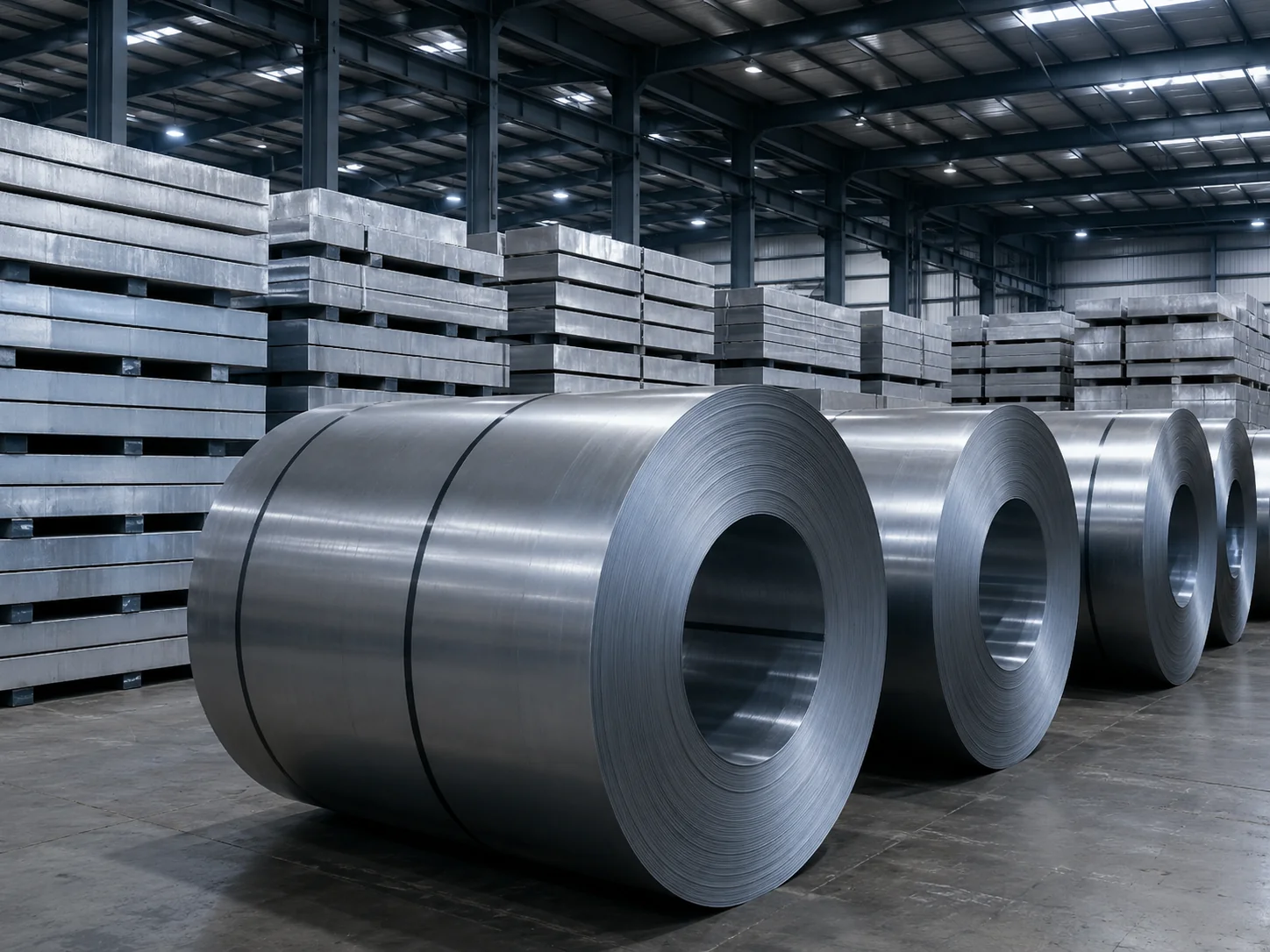 Coiled steel and aluminium billets stored in an industrial warehouse