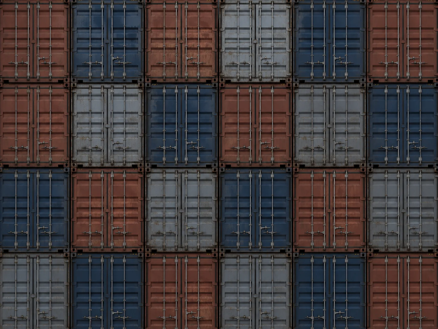 A wall of stacked shipping containers photographed head on