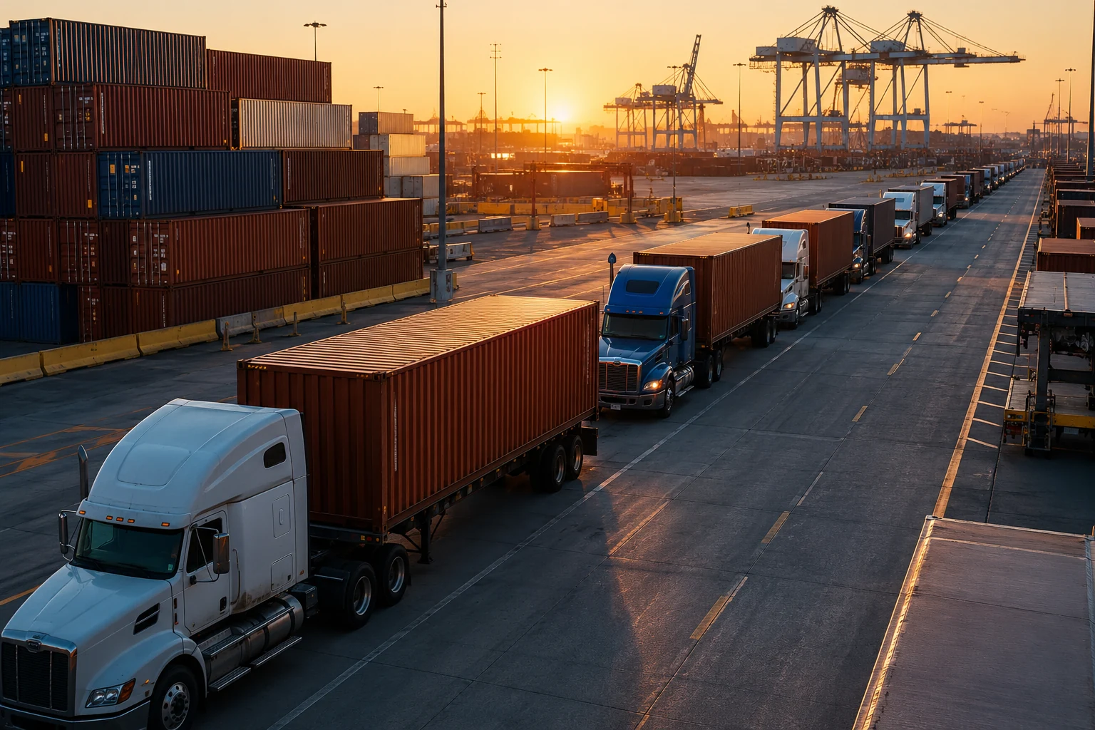 Container terminal with drayage trucks staged for pickup after customs release