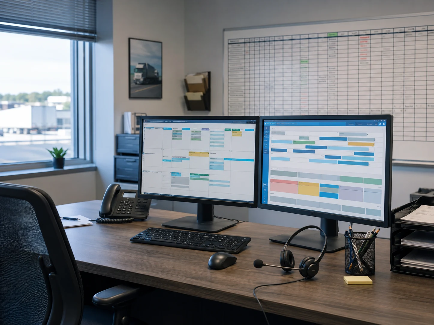 Freight forwarding office with shipment schedules and coordination boards