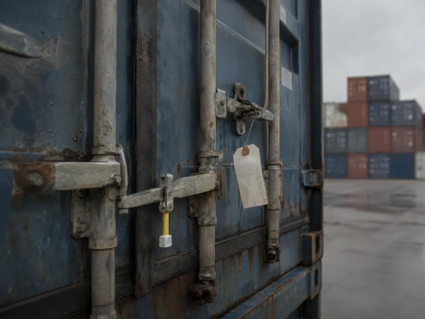 Sealed shipping container with a hold tag awaiting agency review at a terminal